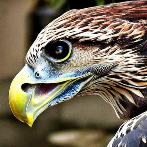 Image similar to Hawk morphed with a crocodile, hyper realistic HD photo, taken at zoo