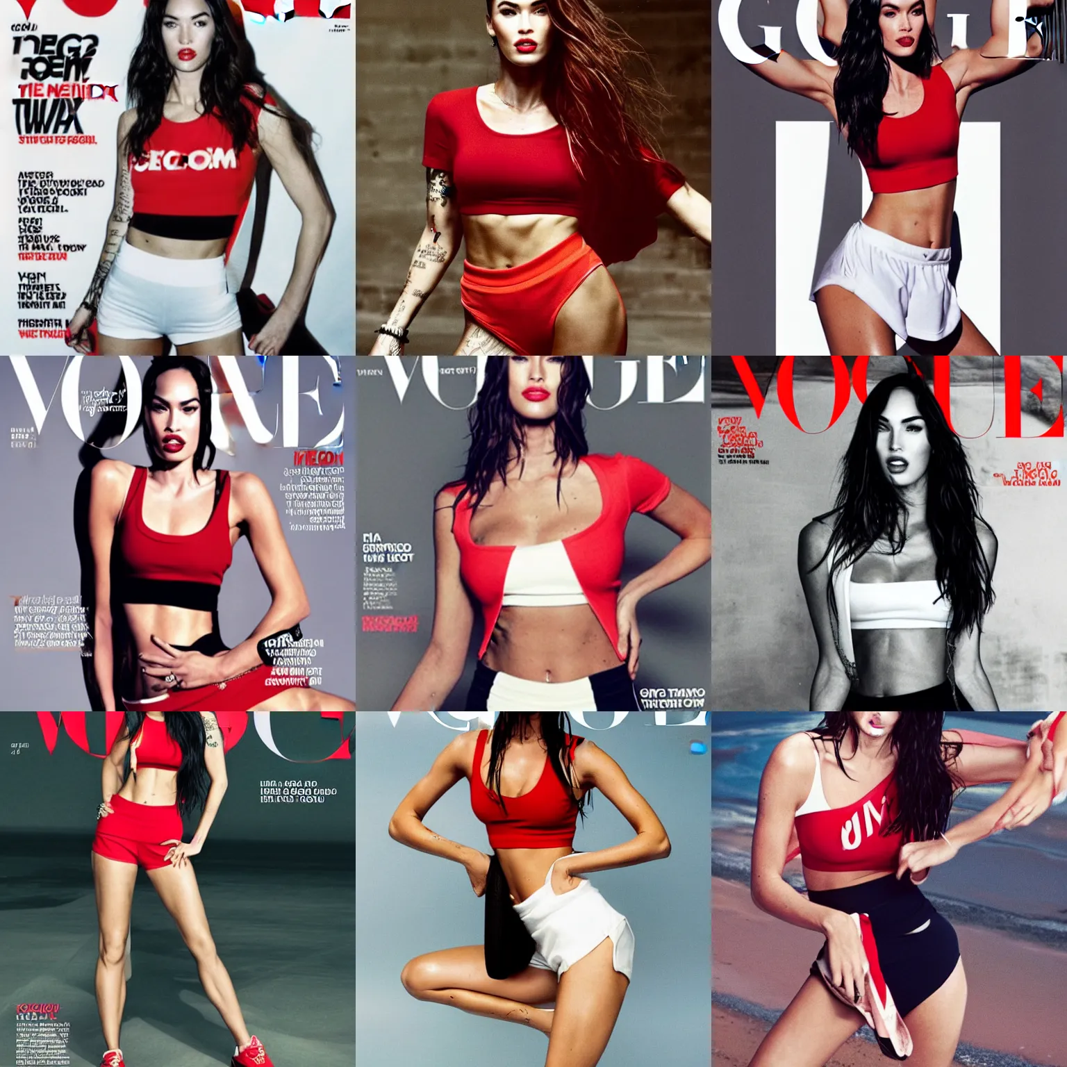 Prompt: Megan fox wearing crop red gym top with white lettering, cropped red yoga short, Vogue editorial by Mario Testino, masterwork