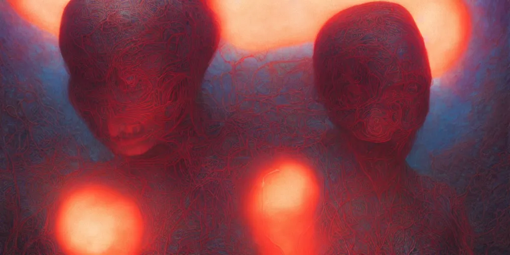 Image similar to Portrait Masterpiece, Wanda Maximoff, furious, red and cyan, glowing, wires everywhere, by Edgar Maxence and Ross Tran, Zdzisław Beksiński, and Michael Whelan, distant, gustav dore, H.R. Giger, 8k, octane render