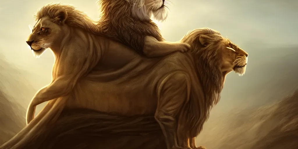 Image similar to a hooded wise old man with a long white beard wearing a brown hooded tunic riding on top of a lion, the man is on the lion, he is riding a lion, majestic, epic digital art, cinematic, trending on artstation, superb detail 8 k, wide - angle, masterpiece