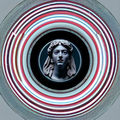 Prompt: a 3 d neon circle surrounding the head of a renaissance statue, black background, ray tracing, 8 k resolution, sharp focus, hyper detailed, hyper realistic
