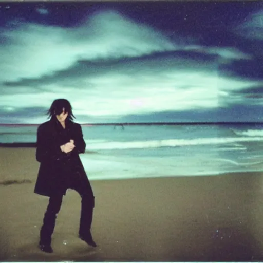 Image similar to 9 0 s polaroid photograph of norman reedus wearing a trenchcoat at night, dancing on a beach during cloudy weather, vignette