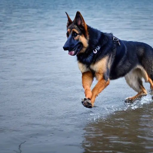 Image similar to German Shepherd walks on Water, 8k photography
