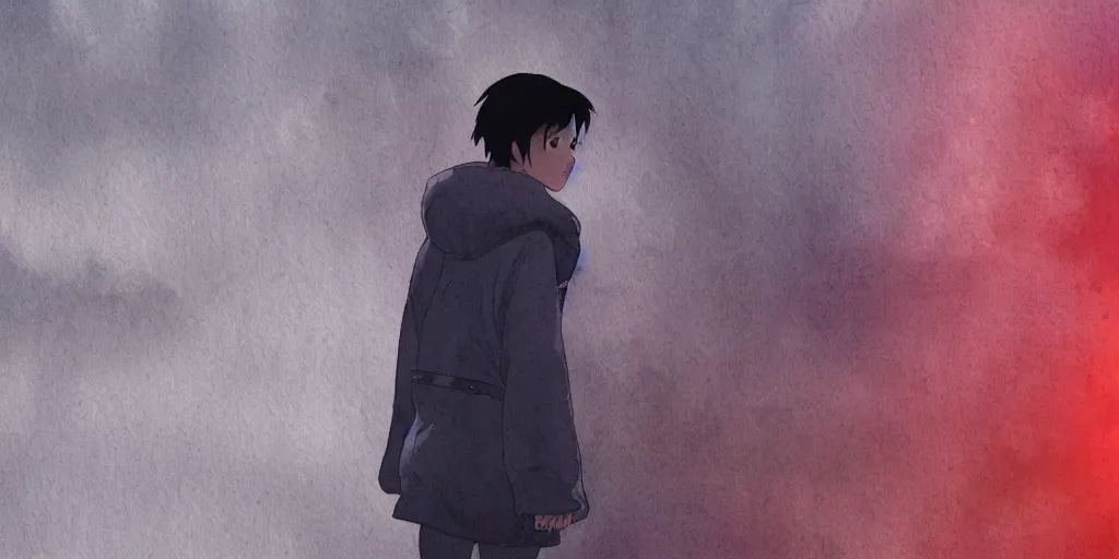 Image similar to incredible wide screenshot, ultrawide, simple watercolor, rough paper texture, ghost in the shell movie scene, backlit distant shot of girl in a parka