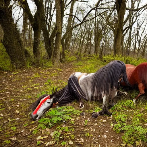 Prompt: two dead horses with many feather arrows on their body, lying on the woods path, dense thickets on each side, photo, 8 k