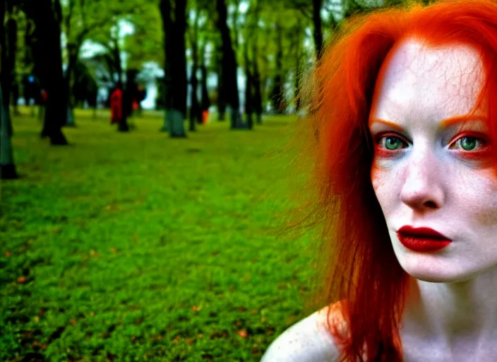 Prompt: award winning face close up portrait of a redhead in a park by hr giger