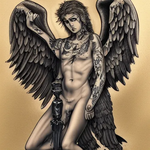 Image similar to beautiful androgynous fallen angel with tattoos on his body being cast from heavens, intricate, hd, high detailed, 4 k,