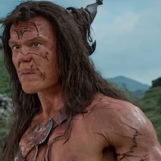 Prompt: Tom Holland as Conan the Barbarian. Movie still frame. Heroic. 4K UHD