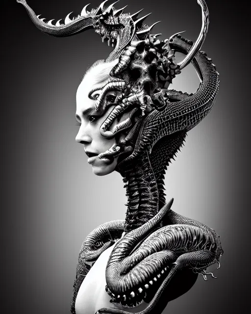Image similar to a black and white high quality photo of a young beautiful female queen-dragon-cyborg bust with a very long neck and Mandelbrot fractal face, Mandelbrot fractal skin, flesh, anatomical, facial muscles, veins, arteries, elegant, highly detailed, flesh highly baroque ornate, hair are cable wires, elegant, high fashion, rim light, octane render, in the style of H.R. Giger and Man Ray, Realistic, Refined, Digital Art, Highly Detailed, Cinematic Lighting, rim light, black and white, photo-realistic, 8K
