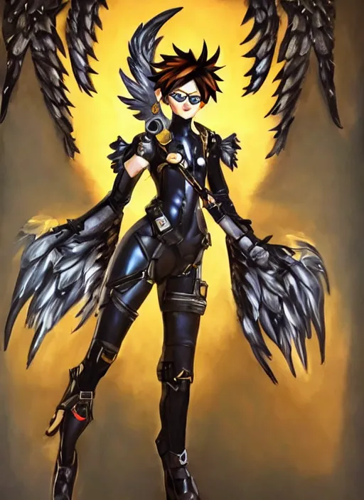 Prompt: full body oil painting of tracer overwatch, angel wings, dramatic painting, symmetrical composition, wearing detailed leather collar, black shiny armor, chains, black harness, detailed face and eyes,