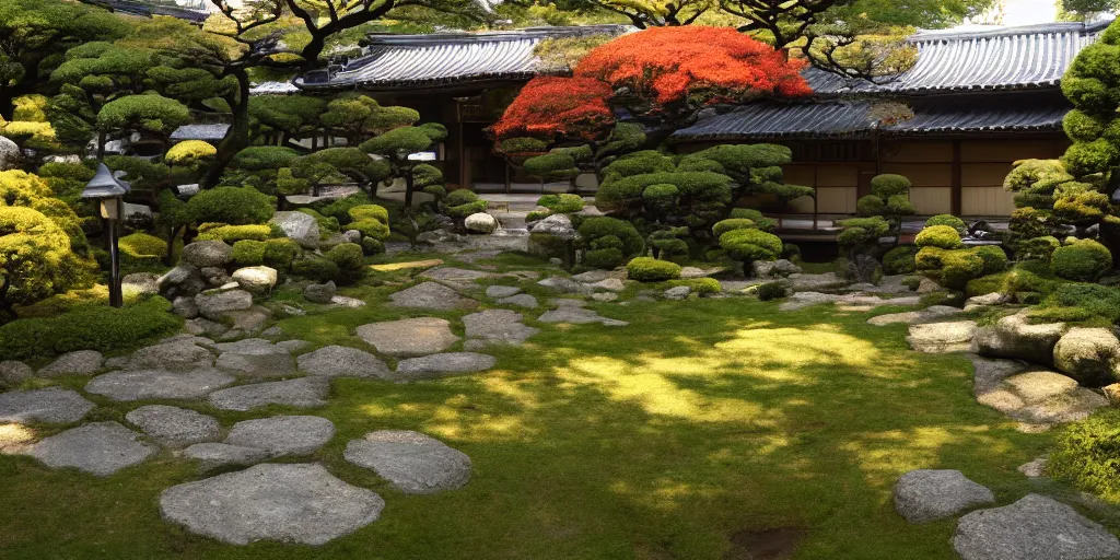 Image similar to i, a detailed Japanese yard, 8k, high definition, trending on artstation
