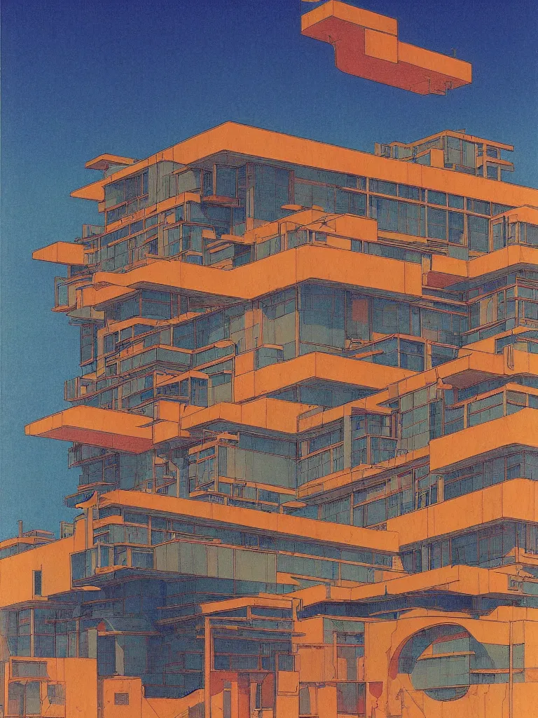 Prompt: a psychedelic hallucination of a brutalist hotel in the high plains desert, by kawase hasui, moebius, edward hopper, colorful flat surreal design, dramatic lighting, hd, 8 k, artstation