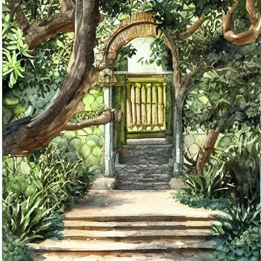 Image similar to delicate, king monkey on the throne, garden, paved, botanic watercolors, iridescent, 8 k, realistic shaded, fine details, artstation, italian, iron gate, tree, mediterranean, marvelous