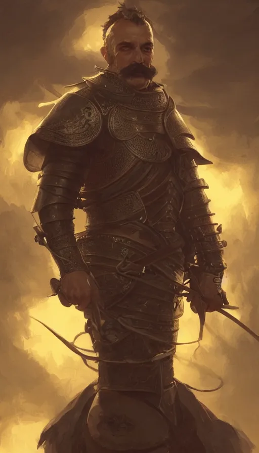 Prompt: Portrait of a middle-aged knight with a large moustache, male, detailed face, fantasy, highly detailed, cinematic lighting, digital art painting by greg rutkowski