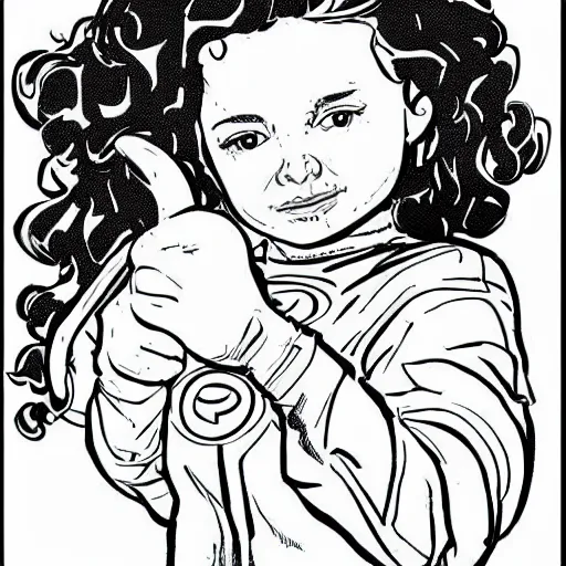 Image similar to clean simple line art of a little girl with short wavy curly hair. she is a superhero, wearing a superhero costume. white background. well composed, clean black and white line drawing, beautiful detailed face. illustration by charlie adlard and steve ditko