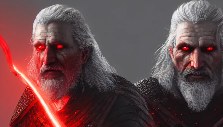 Image similar to a digital art portrait of an old pale warrior with glowing red eyes and grey beard character design from dark souls, old witcher character sheet, 4 k, ultra detail, volumetric lighting, unreal engine, octane render