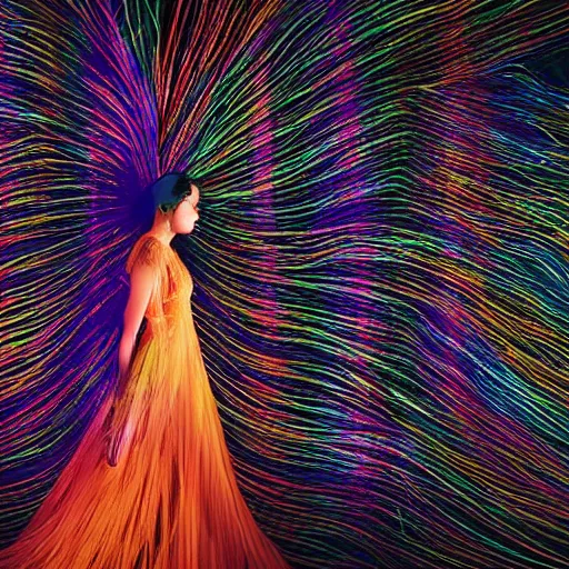 Prompt: woman in a long, flowing dress made of multi-colored wires and cables on a dark, misty night