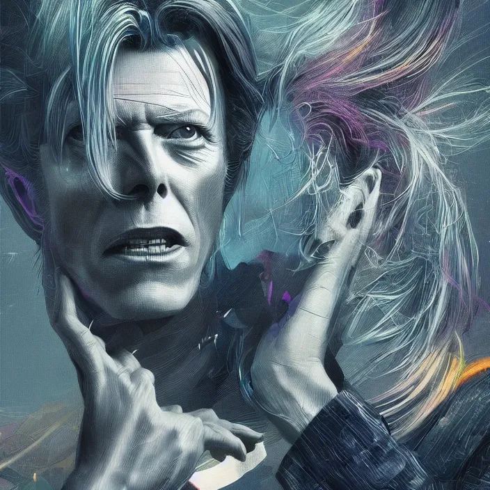 Prompt: David Bowie. intricate artwork. by Tooth Wu, wlop, beeple, dan mumford. concept art, smooth, sharp focus, high detail, octane render, 8k, iridescent accents, deep blacks