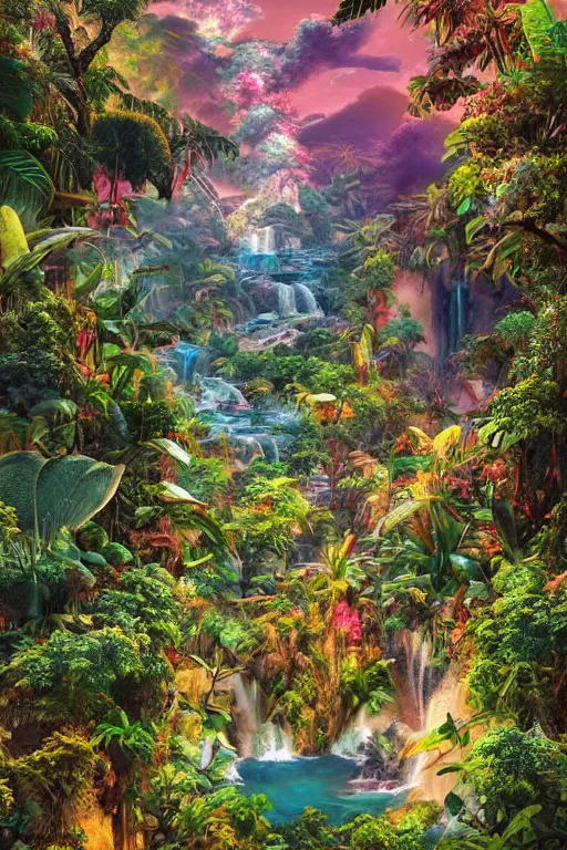 Image similar to aerial view of a colorful jungle with rivers and waterfalls, by artgerm, tom bagshaw, gerald brom, vaporwave colors, lo - fi colors, vaporwave, lo - fi, moody vibe, goth vibe, full body, rendered by substance designer, cel shading, toon shading, smooth,