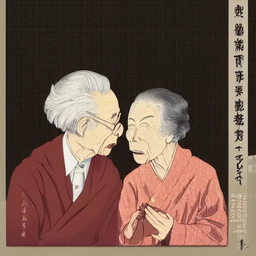 Image similar to very elderly couple tenderly feeding each other eating crayons tenderly feeding each other crayons, in the style of kawase hasui james jean, artstation trending, 8 k, 3 d render, photorealistic, volumetric lighting caustics, black and white, detailed af