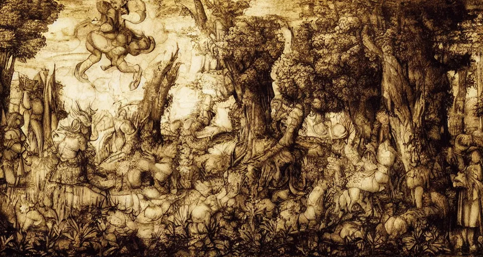 Image similar to Enchanted and magic forest, by Leonardo da vinci