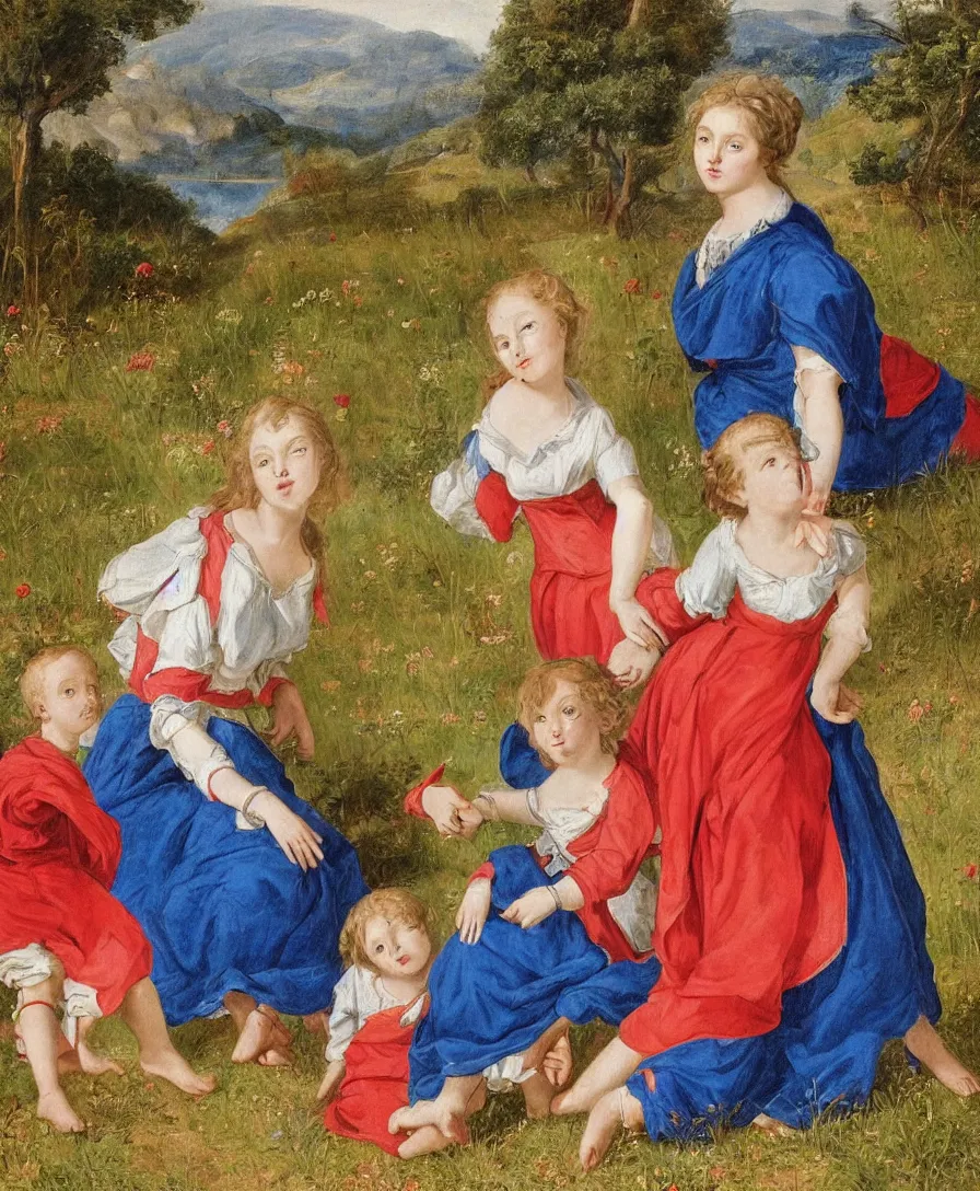 Prompt: Detailed Portrait of beautiful Madonna with blue skirt and a red shirt and two boys playing in the style of Raffael. The boys are very small and only cloth is blue linen. They are sitting in a dried out meadow. In the background, there is a lake with a town and mountains. Flat perspective.