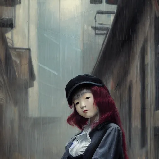 Image similar to a perfect, realistic professional oil painting in baroque style, of a Japanese schoolgirl posing in a dystopian alleyway, close-up, by a professional American senior artist on ArtStation, a high-quality hollywood-style concept