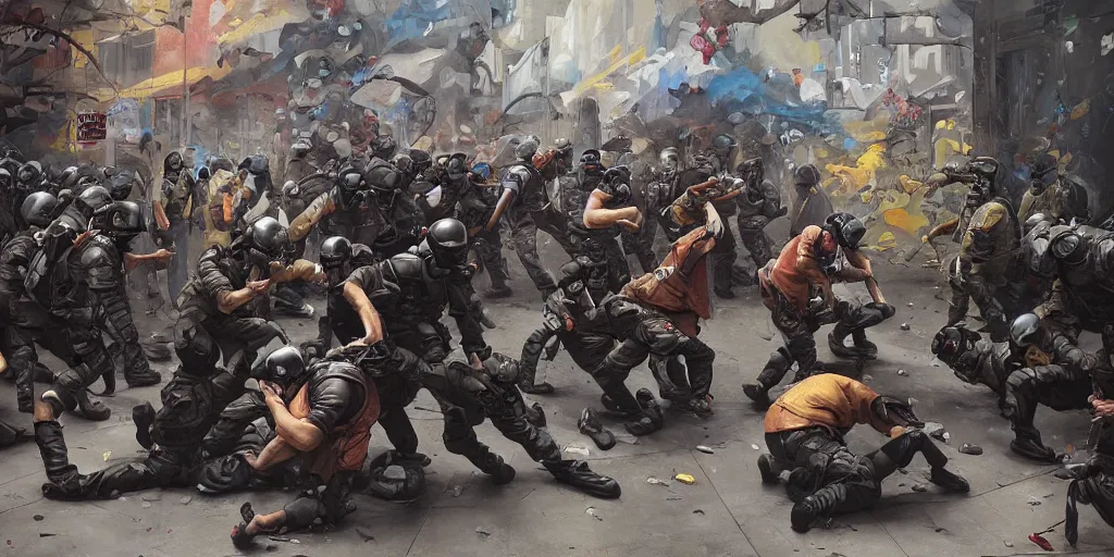 Prompt: street art mural of a anti-riot police in full riot gear beating and arresting civilians by Peter Mohrbacher, James Jean, Craig Mullins, Ross Tran, Hiroshi Yoshida, Mark Simonetti