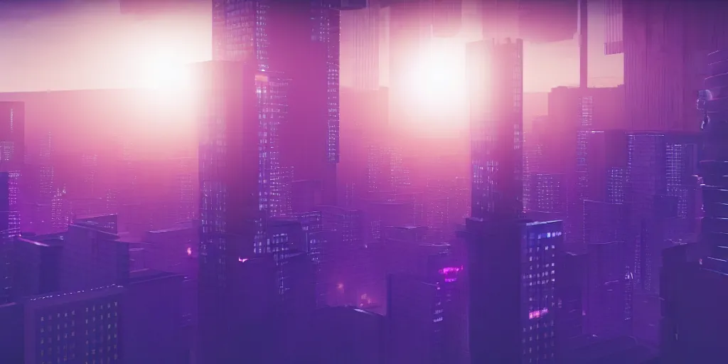 Image similar to a view of a man's back standing on top of a building, with purple - blue style cyberpunk city buildings in the background, volumetric light, cinematic, moody, octane render 4 k, 8 k