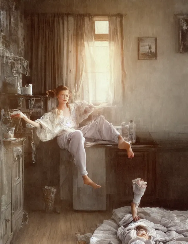 Image similar to Aristocrat girl in the cottage in the morning in a Pajama, country style, portrait, Cinematic focus, Polaroid photo, vintage, neutral colors, soft lights, foggy, by Steve Hanks, by Serov Valentin, by lisa yuskavage, by Andrei Tarkovsky 8k render, detailed, oil on canvas