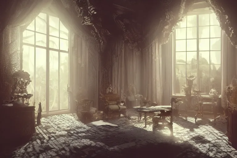 Prompt: a storybook illustration of inside a mansion rooms, hyper realistic, ambient lighting, concept art, intricate, hyper detailed, smooth, dynamic volumetric lighting, octane, raytrace, cinematic, high quality, high resolution, 4 k