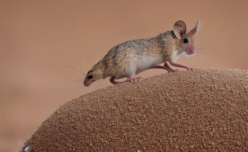 Image similar to a small desert mouse riding on the back of the giant sandworm, macro photography