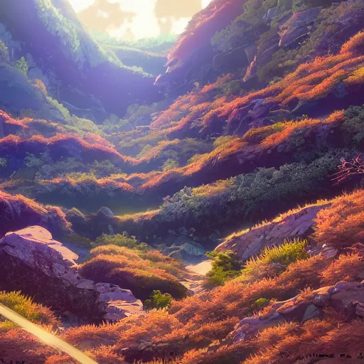 Image similar to Into the Valley, anime and manga, landscape, Nobuyuki Anzai and Shin Kibayashi, digital art, 16k resolution, 35mm wide angle shot, concept art, photorealistic, hyperrealism