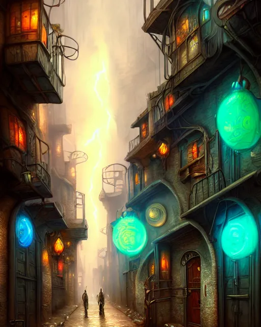 Image similar to street view of an otherworldly alley in the planescape city named sigil, crowded, beautiful digital painting in the style of wlop, volumetric lightning, intricate details, ultra realistic, by art germ, by gerard brom, steampunk, fantasypunk, deep colors, amazing d & d art, trending cgsociety, artstation, sharp