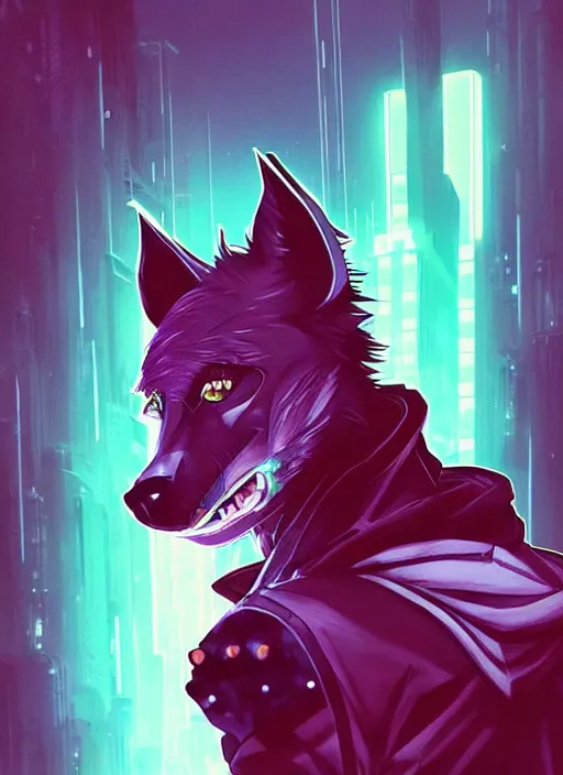 Prompt: beautiful portrait commission of a male furry anthro hyena fursona wearing cyberpunk skater clothes. Cyberpunk city at night in the rain. Neon light. Atmospheric. Character design by charlie bowater, ross tran, artgerm, and makoto shinkai, detailed, inked, western comic book art