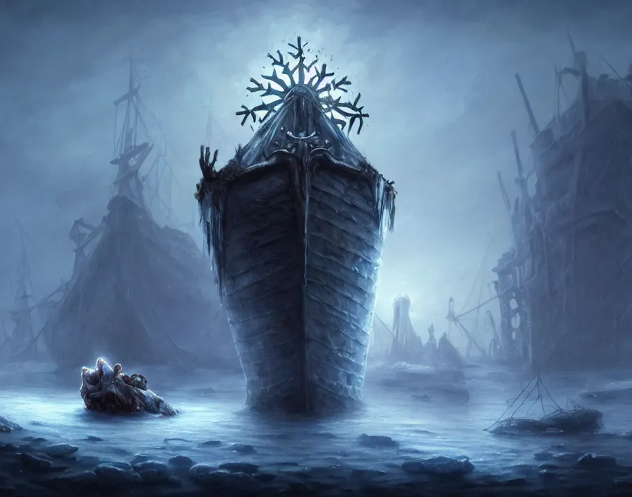 Image similar to frozen zombie man with a crown, eyes glows, broken sailing ship boat in the background, is at dawn and bluish, fantasy, intricate, elegant, highly detailed, digital painting, artstation, concept art, matte, sharp focus, illustration, art by aenaluck and roberto ferri and greg rutkowski, epic fantasy, digital painting