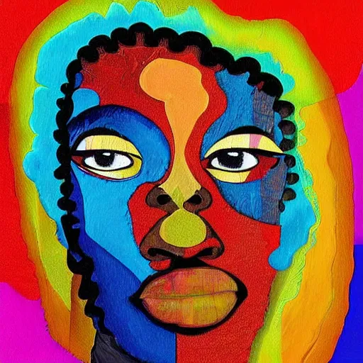 Image similar to the abstract painting of an image of afro lady artistic flat illustration by larry klewchuk, surrealism