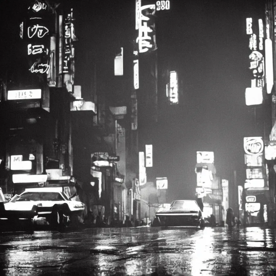 Prompt: duel, clint eastwood vs takeshi kitano in blade runner 1982 by Ridley Scott posing on a neon rainy vague street in headlights, movie shot, detailed, by Sergio Leone