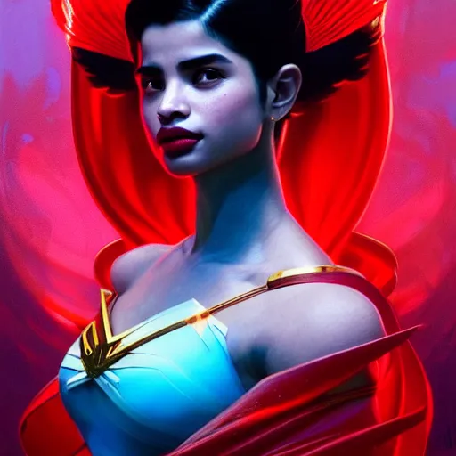 Image similar to anne curtis as darna, volumetric lights, red and cyan theme, art nouveau botanicals, intricate, highly detailed, digital painting, artstation, concept art, smooth, sharp focus, cinematic, illustration, beautiful face, art by artgerm and greg rutkowski and alphonse mucha