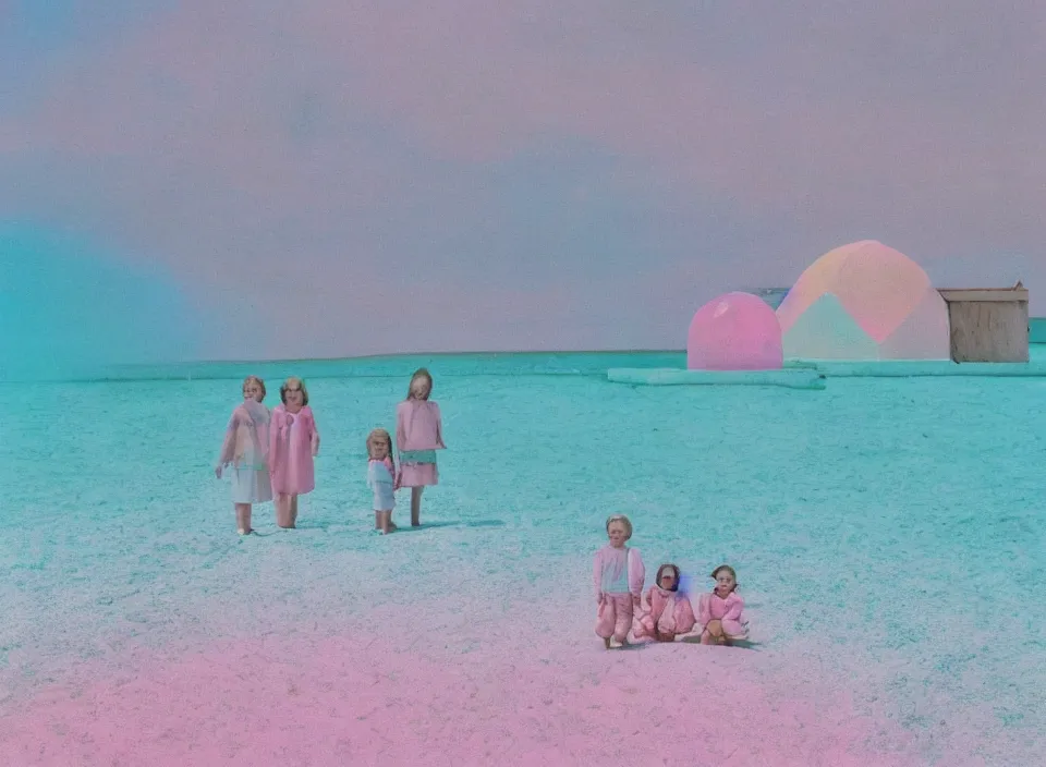 Image similar to a pastel coloured vintage family holiday photo of an empty beach from an alien dreamstate world with chalky pink iridescent!! sand, reflective lavender ocean water, dim bioluminescent plant life and an igloo shaped shiny plastic transparent festival stage and translucent festival box speakers!!. glare. refraction, volumetric light.