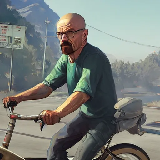 Image similar to walter white riding on a bike in gta 5 by greg rutkowski