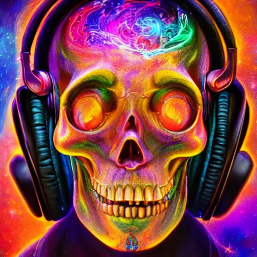 Image similar to portrait of a fantasycore glitchcore deformed skull wearing headphones. intricate abstract. intricate artwork. celestial. prismatic, by josephine wall, pixar, ghibli. octane render, CGSociety very coherent symmetrical artwork. cinematic, hyper realism, high detail, octane render, 8k, holographic accents