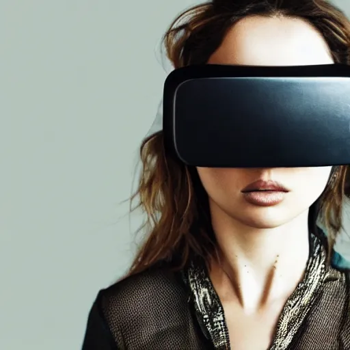 Image similar to photo of Ana de Armas, close up, wearing large solarpunk vr headset, white background, fine art photography in the style of Bill Henson