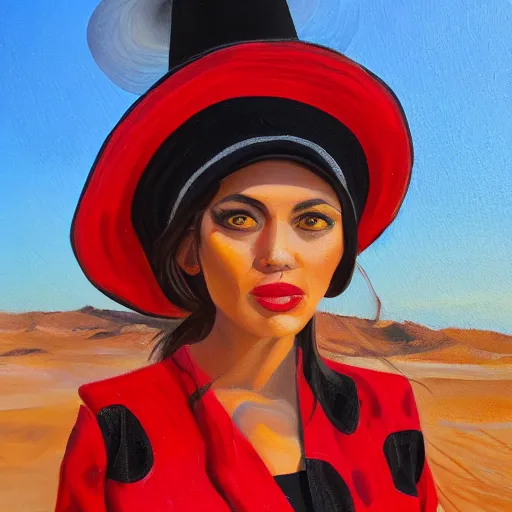 Prompt: oil painting of a tall woman with a black sunhat in the desert, black and red jacket, beautiful face, pretty face, very detailed eyes, very detailed face, feminine face, full body