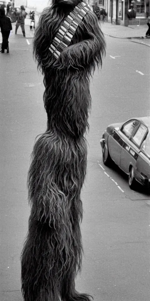 Prompt: 1 9 8 0 ies photo of chewbacca standing on the streets of rochester, england