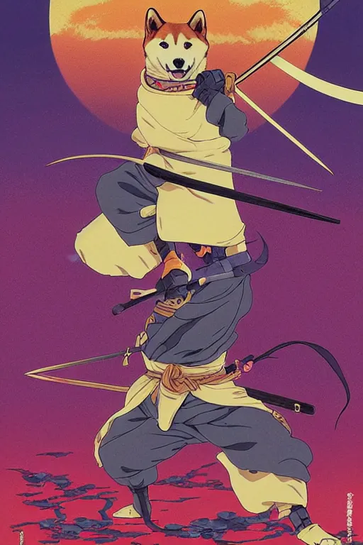 Image similar to poster of a shiba inu as a ninja, studio ghibli aesthetic, by yoichi hatakenaka, masamune shirow, josan gonzales and dan mumford, ayami kojima, takato yamamoto, barclay shaw, karol bak, yukito kishiro