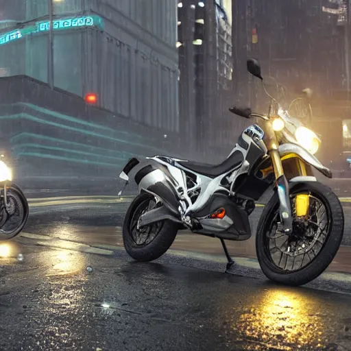 Prompt: highly detailed, photo realistic, futuristic drz 4 0 0 s at night in the rain driving on a city street, dense fog, unreal engine, by greg rutowski, by stanley artgerm, by alphonse mucha