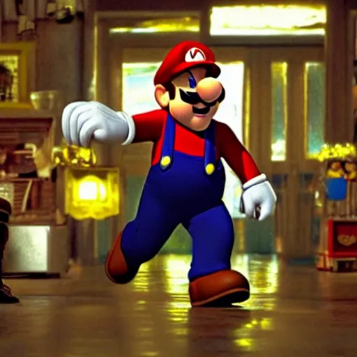 Image similar to Danny DeVito as Super Mario, cinematic, Wide-shot, atmospheric lighting, directed by Quentin Tarantino, movie still