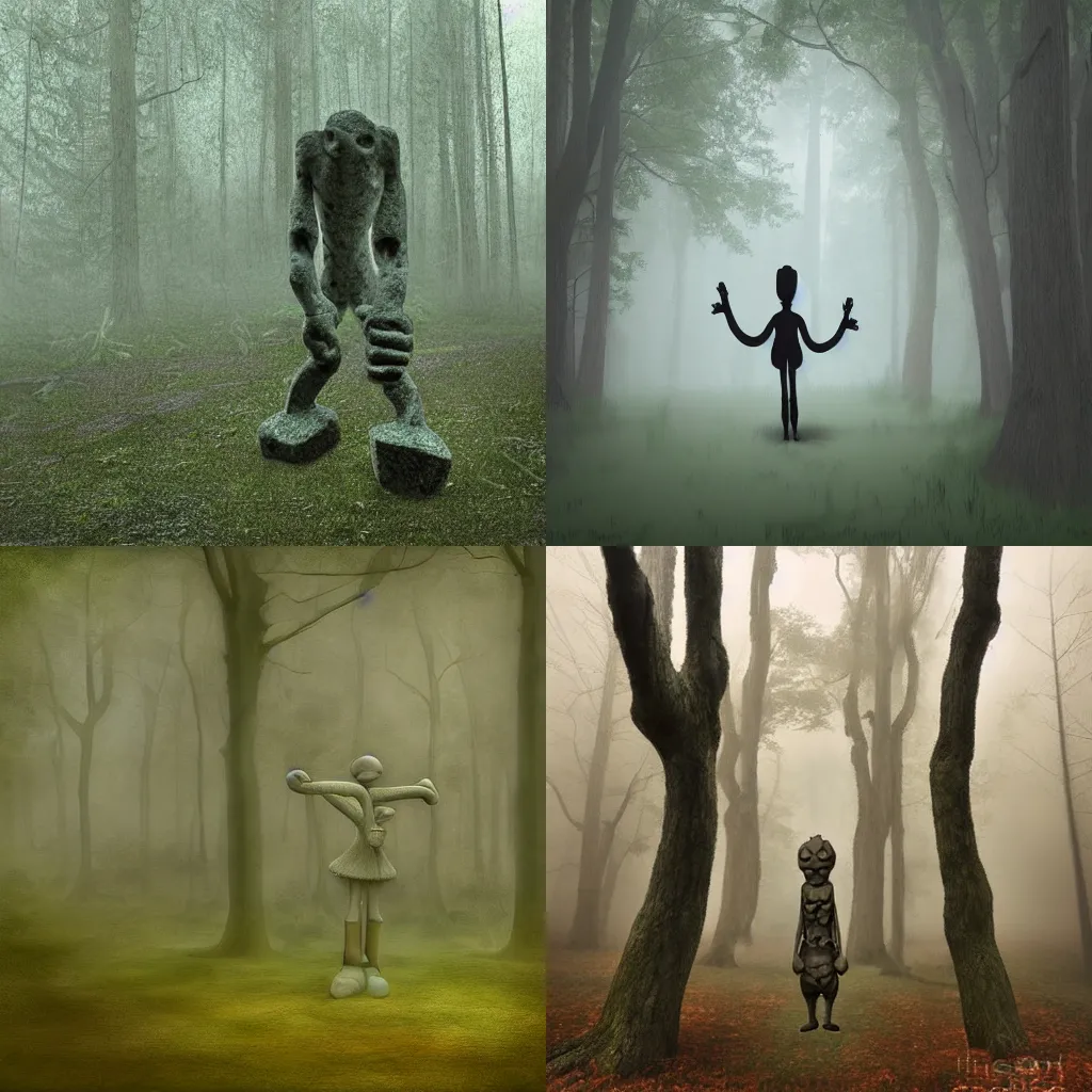 Prompt: Stone with arms and legs walking in a forest. Foggy. Digital art.