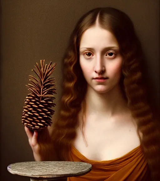 Image similar to portrait of a long - haired woman with a small pinecone sitting upon a table with heightened detail, poised, intense emotion, detailed facial expression, detailed surroundings, intricate, elegant, highly detailed, centered, digital painting, artstation, concept art, smooth, sharp focus, illustration, by ( leonardo da vinci ), wlop